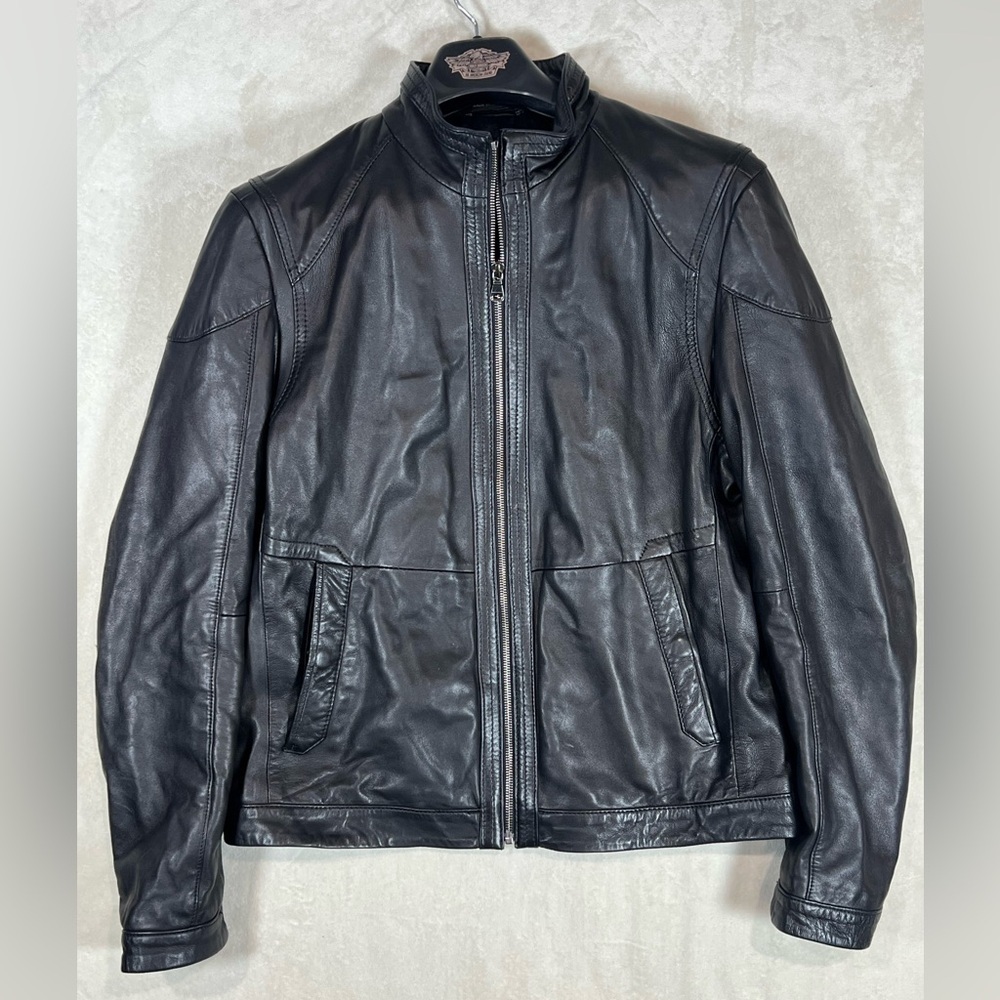 Hugo Boss EU40 US M 100% Leather Soft Lambskin Moto Biker Jacket Plaid Lined R4 - Picture 3 of 12